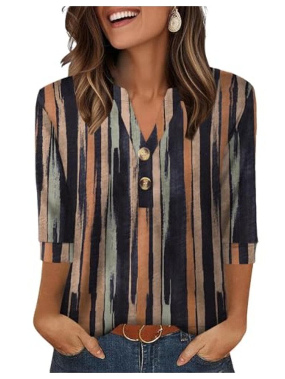 Womens 3/4 Sleeve V Neck Blouse Striped Dressy Casual Top